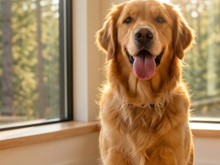 Golden retriever resting by a sunlit window