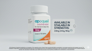 Apoquel 16mg (Oclacitinib) 100-count tablet bottle for dogs with a graphic overlay showing available strengths in 3.6mg and 5.4mg